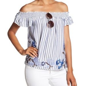 Romeo Juliet Top Shirt Blouse Floral Off Shoulder Peasant Striped Small Blue New